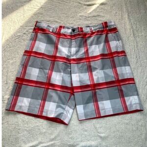 Adidas Mens Plaid Golf Shorts Red Grey White Size 42 Performance Checkered